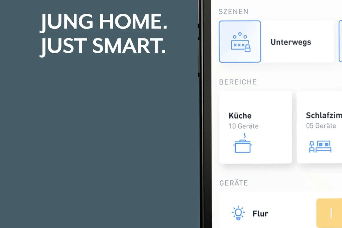 JUNG HOME App: Startbildschirm mit Szenen, Bereichen und Geräten neben dem Slogan „Jung Home. Just smart.“